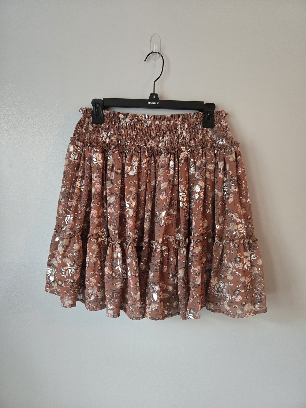 Altar'd State A Beautiful Soul Floral Mini Skirt Rust Brown Metallic Tiered 2XL